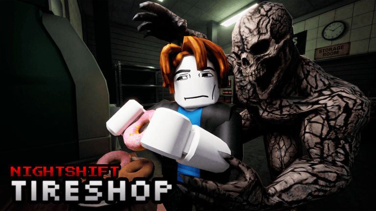 Official TIRESHOP artwork showing a player carrying supplies while a creature approaches