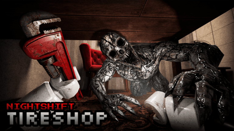 Official TIRESHOP artwork showing a creature inside the tire shop